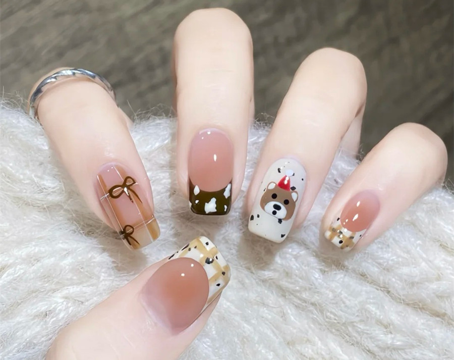 格紋小熊美甲教程，南寧市學美甲